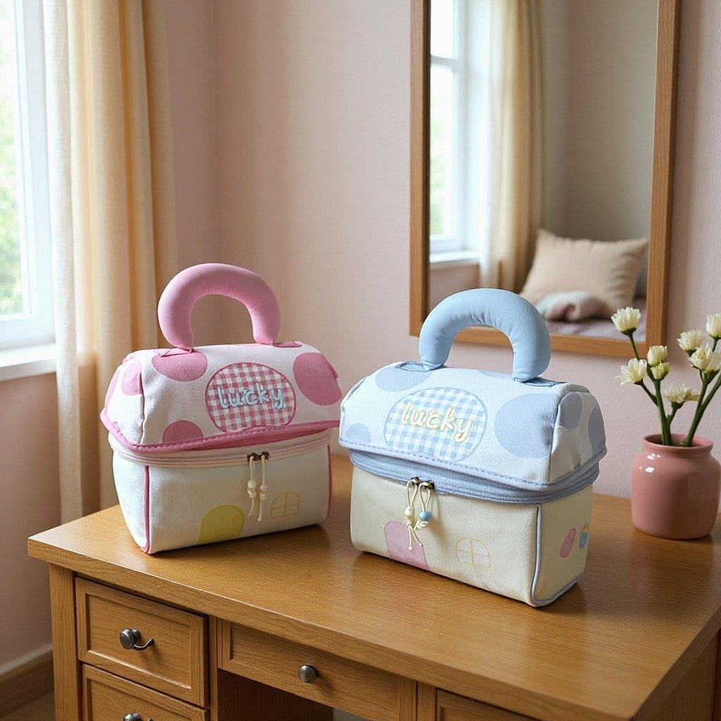 Portable Cosmetic Bag Makeup Storage Bag Organizer with Handle, Pink Blue Polka Dot Design