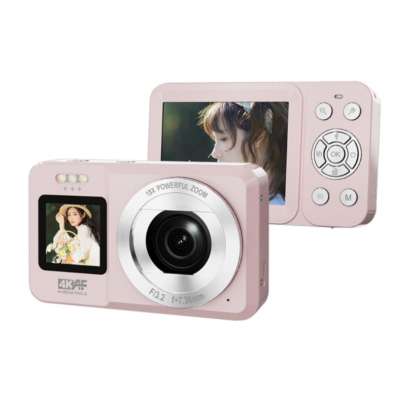 4K UHD 64MP Double Screen Digital Camera 18X Zoom Portable Pink for Students Travel Vloggings