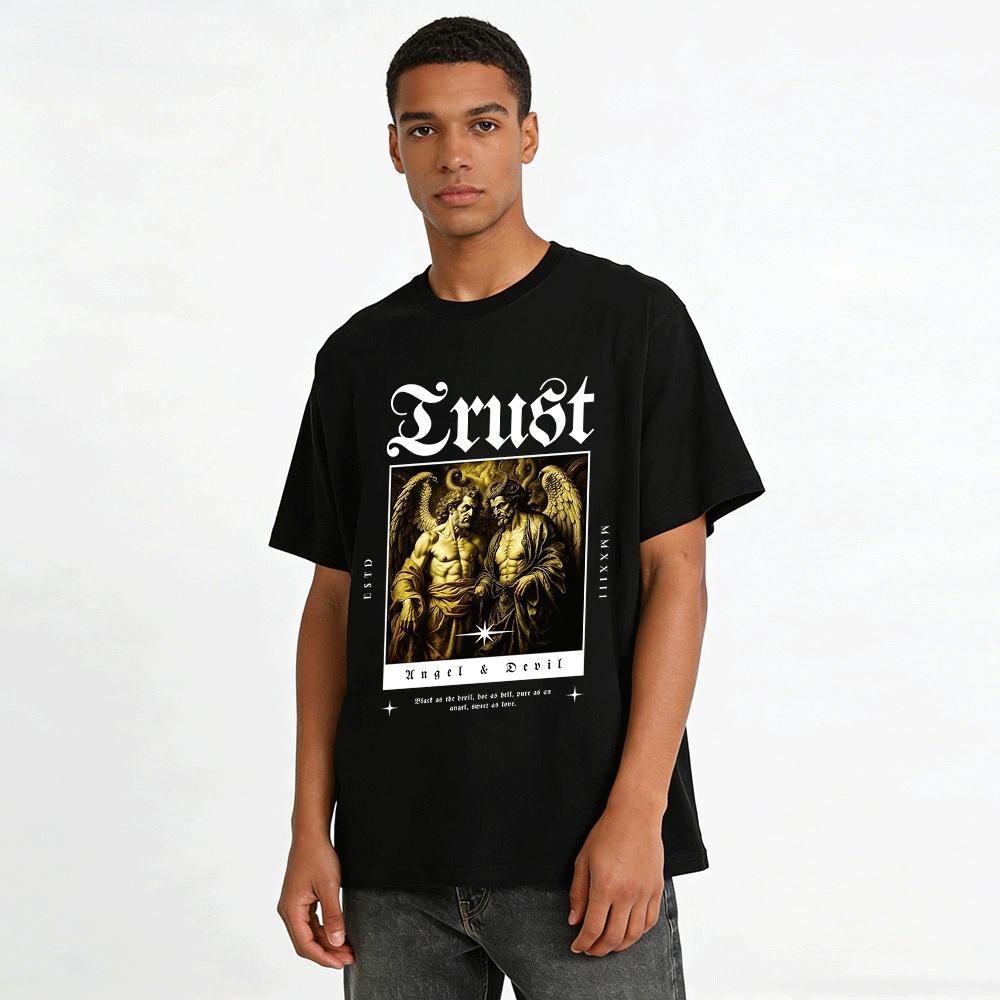 Vintage Angel Devil Print Casual Graphic Tee Top Pure Cotton T-shirt
