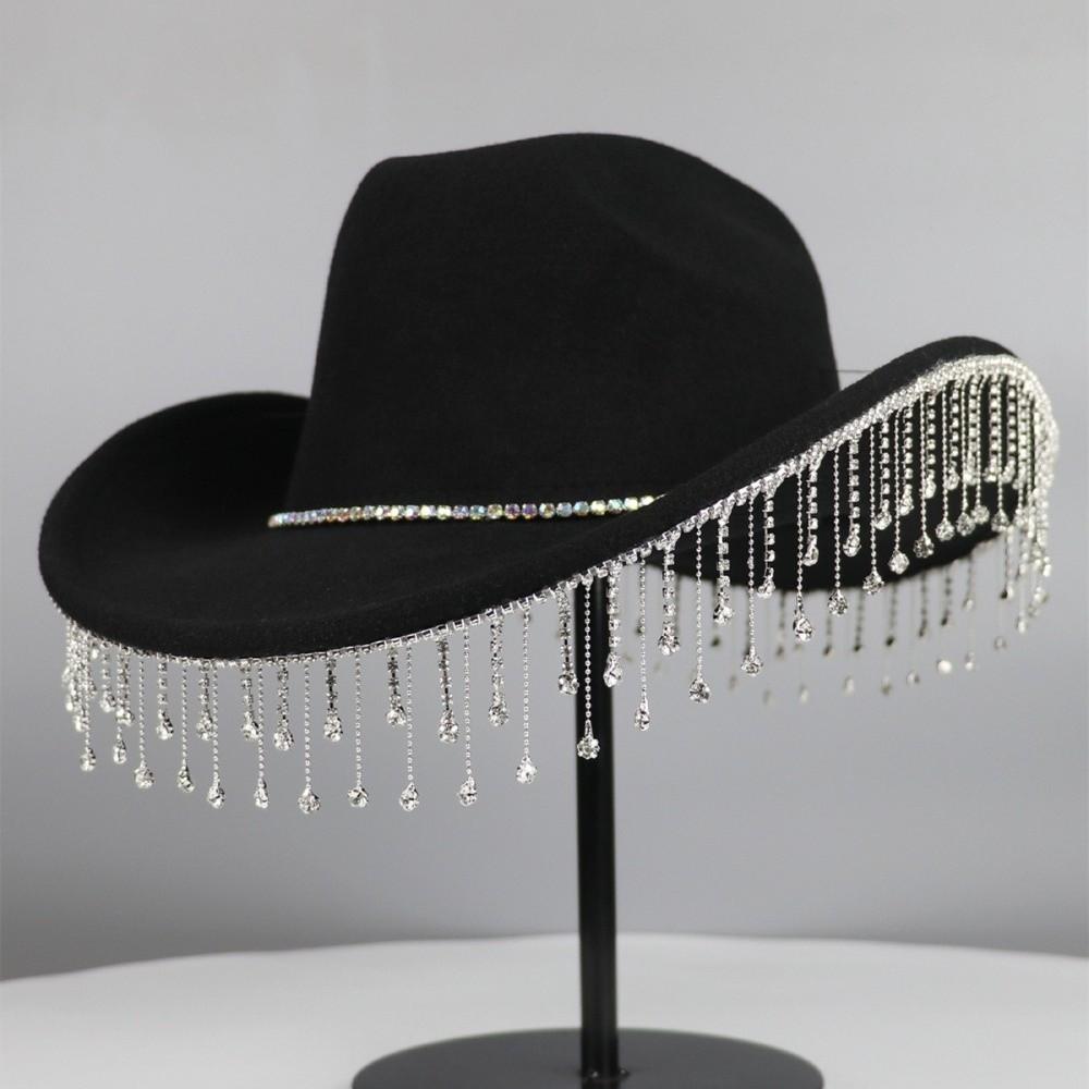 

Jazz Performance Water Diamond Tassel Hat Large Size French Style Hat New Western Cowboy Hat Men чорний