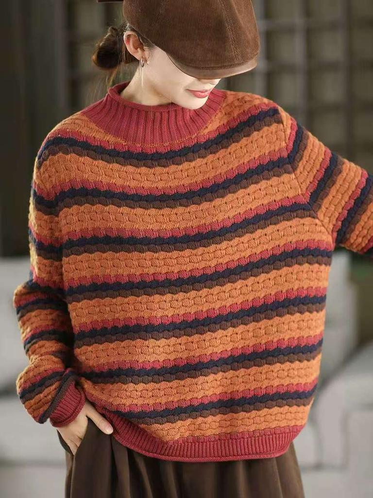 Johnature Women Vintage Pullover Sweaters Half Hight Collar Striped Knitted Spring Long Sleeve Sweaters