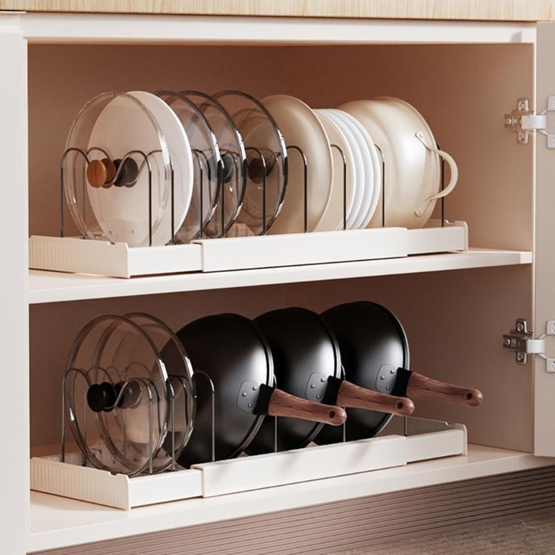 Expandable Pan Organizers Kitchen Cabinet Organizer with Multiple Divider Positions for Kitchen Cabinets, Countertops, and Under-Sink Storage