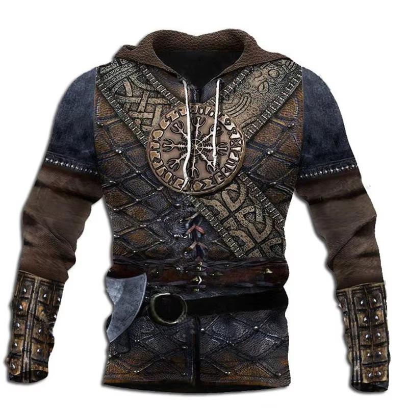 3D-gedruckter mittelalterlicher Rüstungs-Hoodie für Herren, modischer übergroßer Vintage-Pullover-Hoodie, Herren-Cosplay-Rüstungs-Sweatshirt-Trainingsanzug