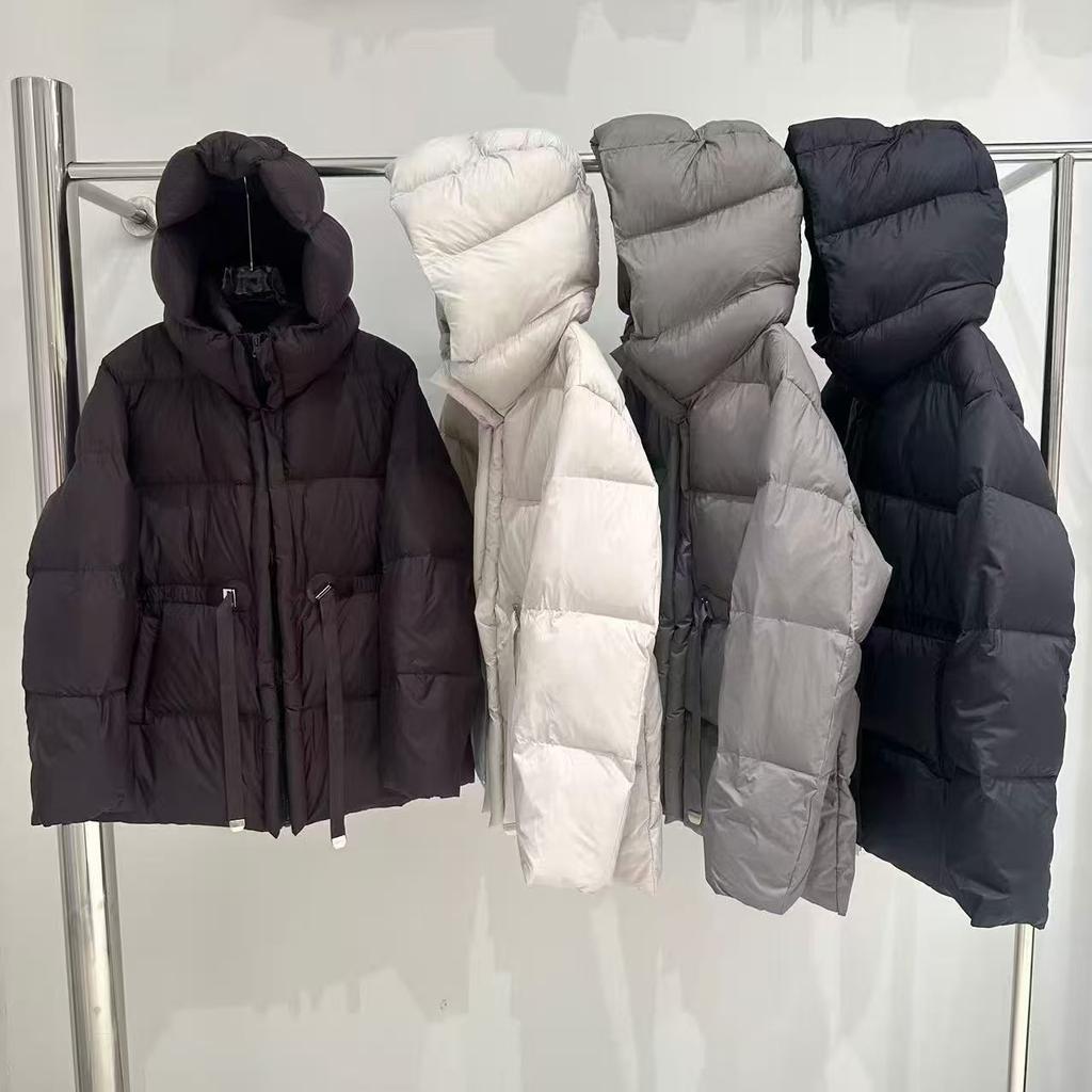 Autumn and winter new hooded white duck down jacket women's medium and long drawstring waist temperament jacket