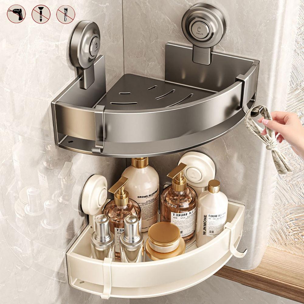 Wall Mounted Punch Free Shower Corner Shelve Self Adhesive Aluminum Bathroom Shelves Organizer Suction Cup Bathroom Corner Rack