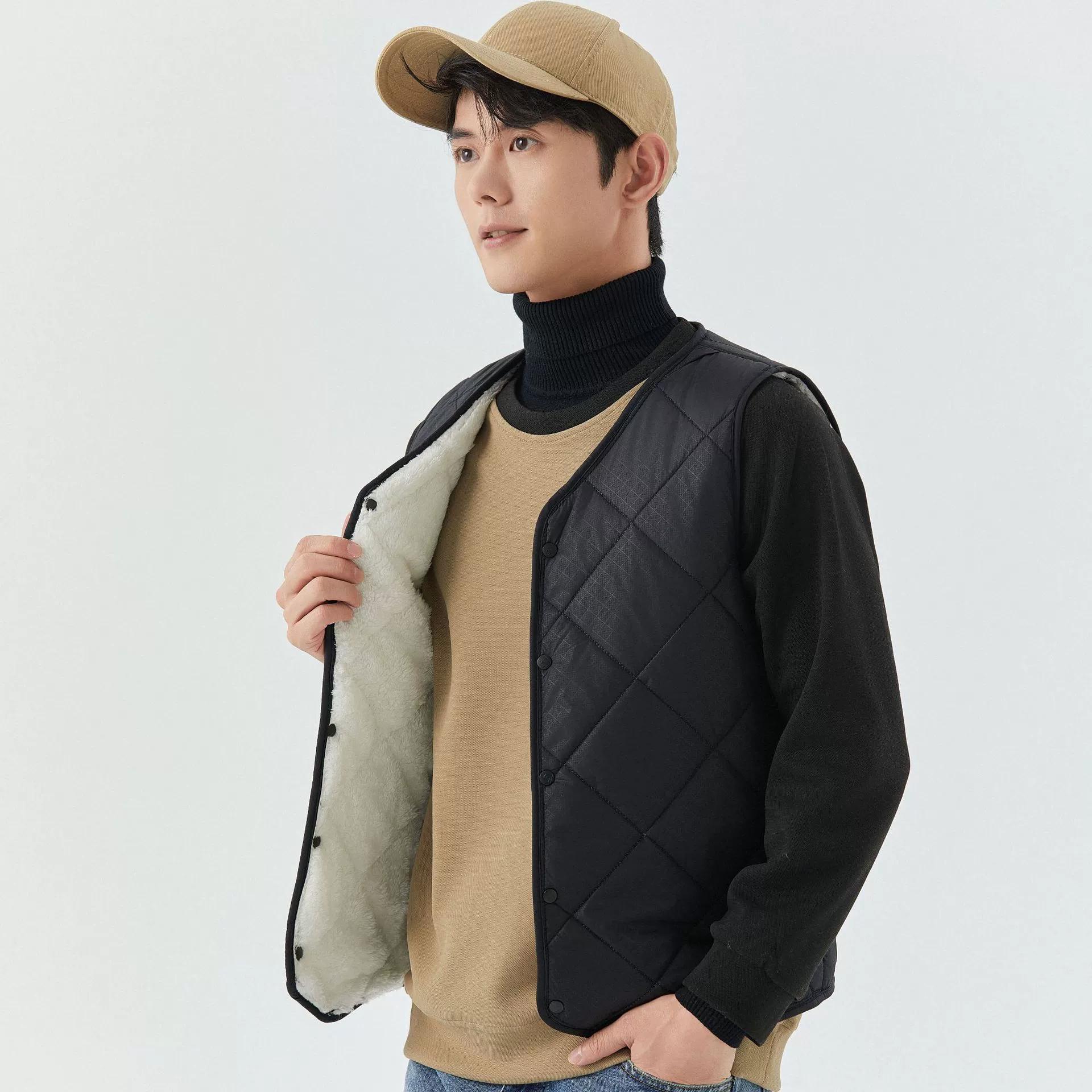 

Мужской короткий жилет из овечьей шерсти на осень и зиму, ромбовидный, с теплым плюшем, шерстяной костюм, жилет с заостренными рогами S чёрный