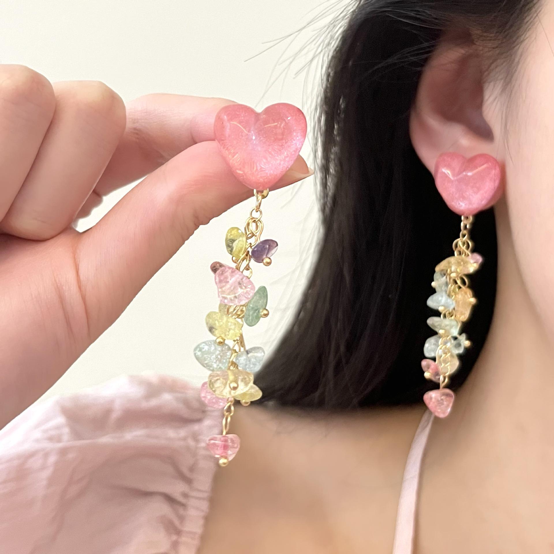 

2023 Trendy Women s Colorful Crystal Heart Tassel Stud Earrings Silver Needle
