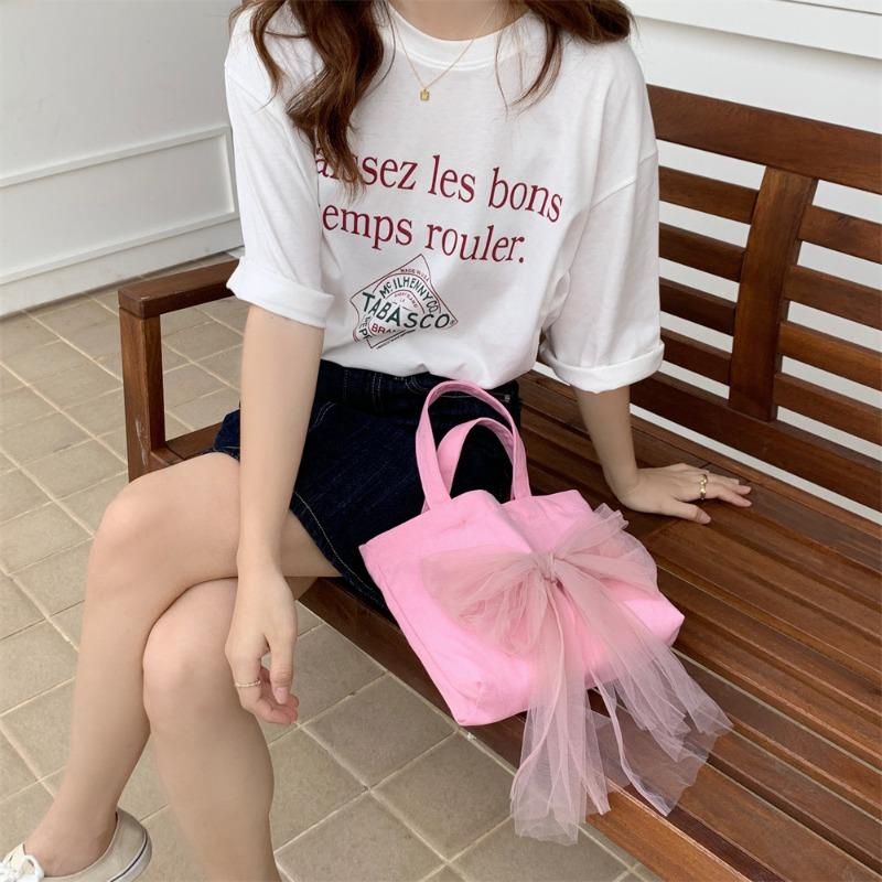 

1 Sweet bow mesh yarn with handbag canvas bento bag going out tote bag student finishing bag розовый