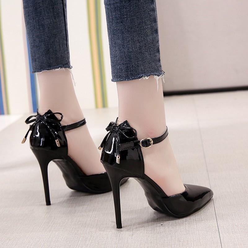 stiletto high heels women's 2020 spring and summer new pointed head shallow mouth hollow bow one-word buckle belt women's single shoes
