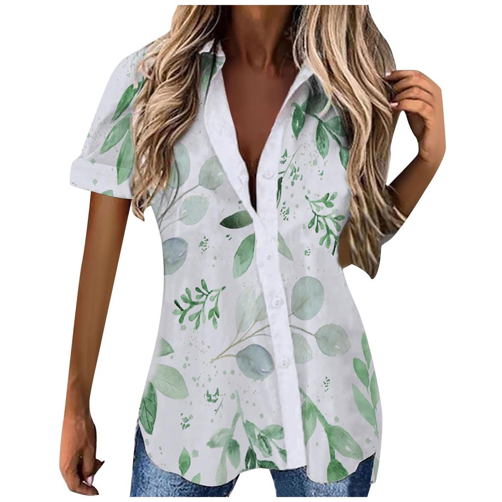 Women's Fashion Casual Summer 2022 Short Sleeve Button Print Tops Blouse