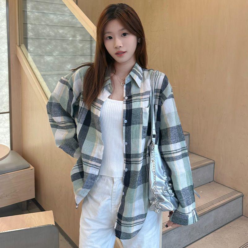 Women s Green Plaid Retro Loose Long-Sleeve Shirt - European & American Fashion for Spring & Autumn S зеленый плед