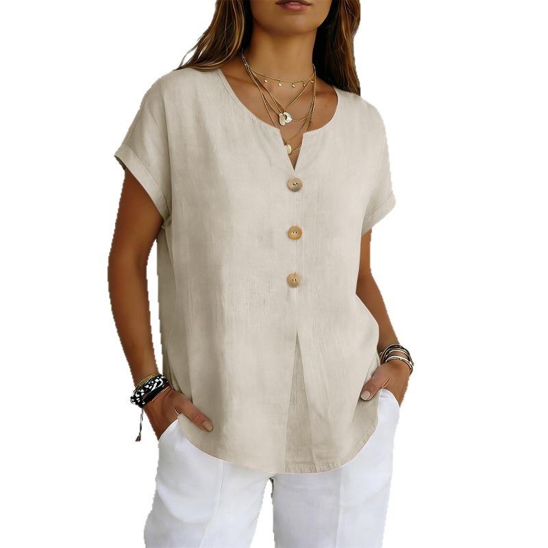 Damen Freizeit V-Ausschnitt Knopfleiste Kurzarm Bluse
