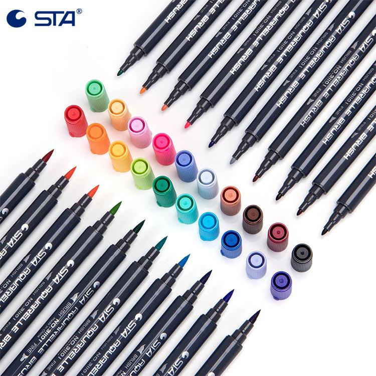 STA 3110 Watercolor Marker Set: Double-Ended Soft Tip, Water-Soluble, Washable Drawing Pens for Manga.