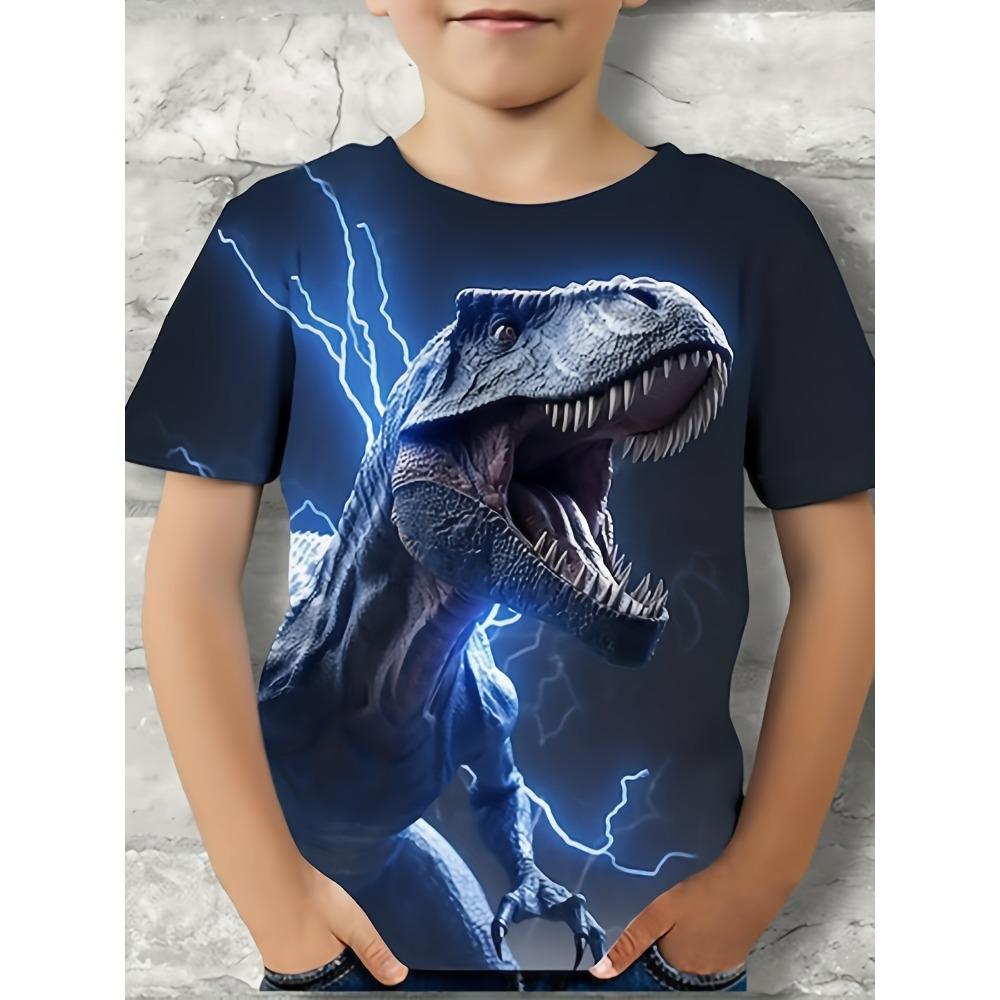 Boys' Short-Sleeve T-Shirt with 3D Dinosaur Print, Casual Loose Streetwear Summer Top