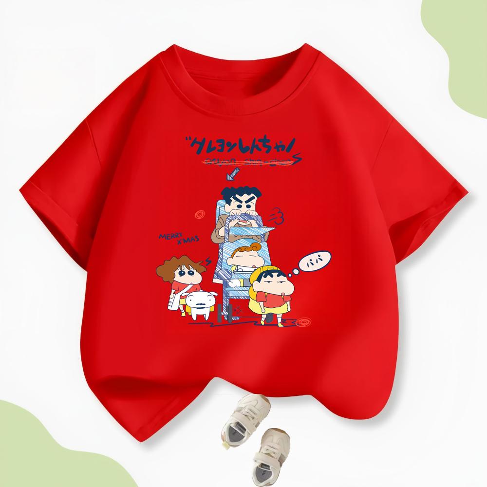 2026 Summer Comic Form Crayon Shinchan Image 100 Cotton Printed Oversize Casual Tshirt Adult Children Parentchild Top y2k