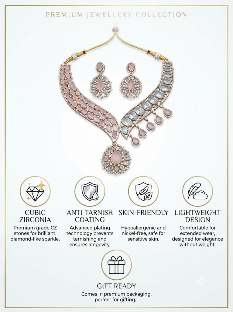 American Diamond CZ Necklace and Earrings Set 18k Gold Tone Wedding Jewelry