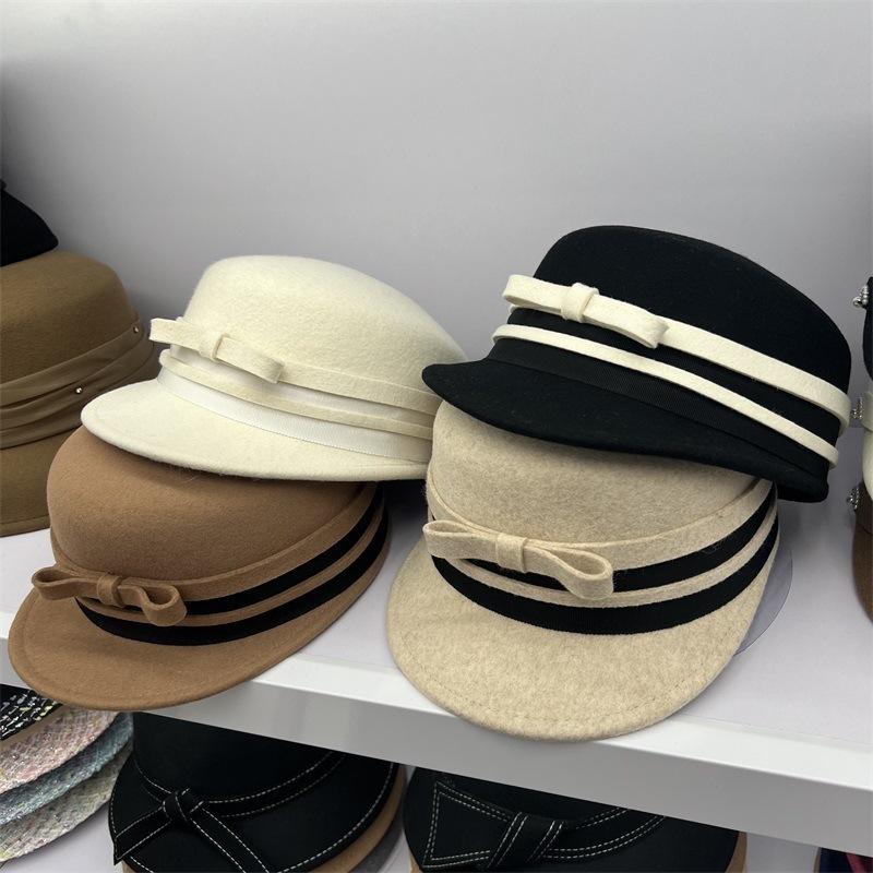 Japanese Wool Riding Cap - Contrast Bow Equestrian Hat for Women, Autumn Winter Fashion Face Slimming