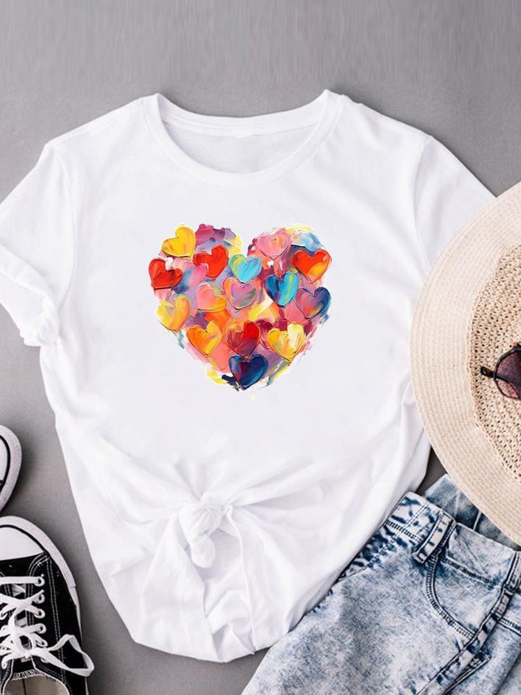 (Asian Size)  watercolor love flower Print Short Sleeve T-shirts Fashion Female Casual Women's Top T Clothing  Graphic Tee