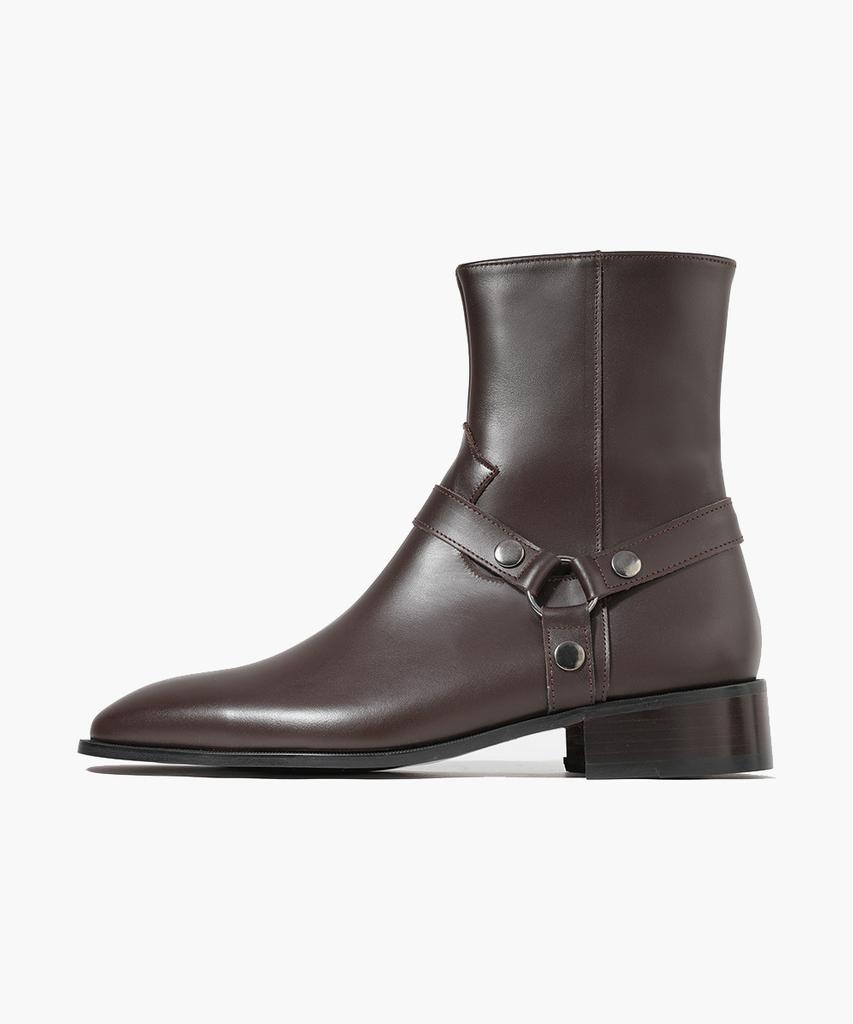 Firenze Atelier Minimal Square Line Velcro Line Ankle Boots 9500 [Brown Fg]