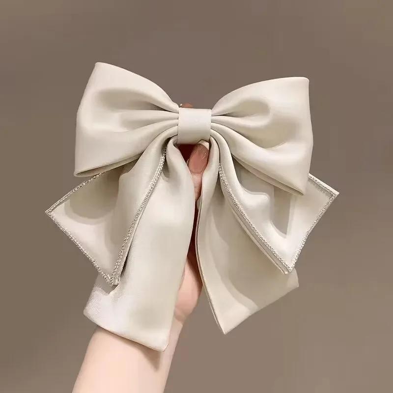 

Retro Ribbon Bow Hair Clips Solid Color Crystal Hair Pins Elegant Ponytail Clip Headdress Wedding Party Hair Accessoriesi-Remiel абрикосовий