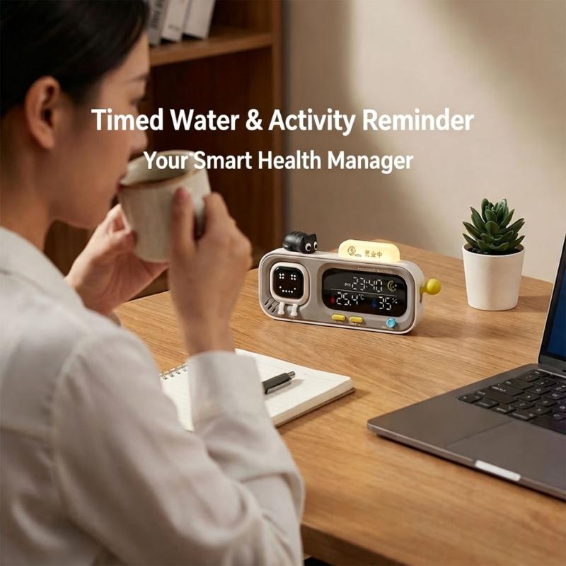 Digital Thermometers Hygrometer Clock,Rechargeable Temperature Moisture Monitor Clock with Time Display & Pixels Screen for Office Desk Comfort Check