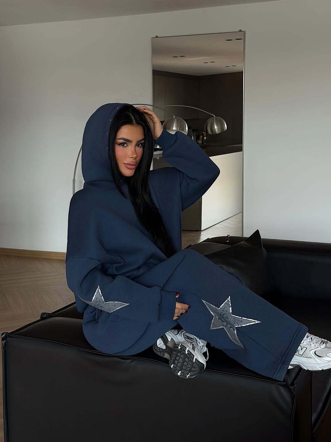 

2025 Autumn/Winter Star Print Rivet Hooded Sweatshirt & Wide-Leg Pants Set X-Large світло-сірий колір