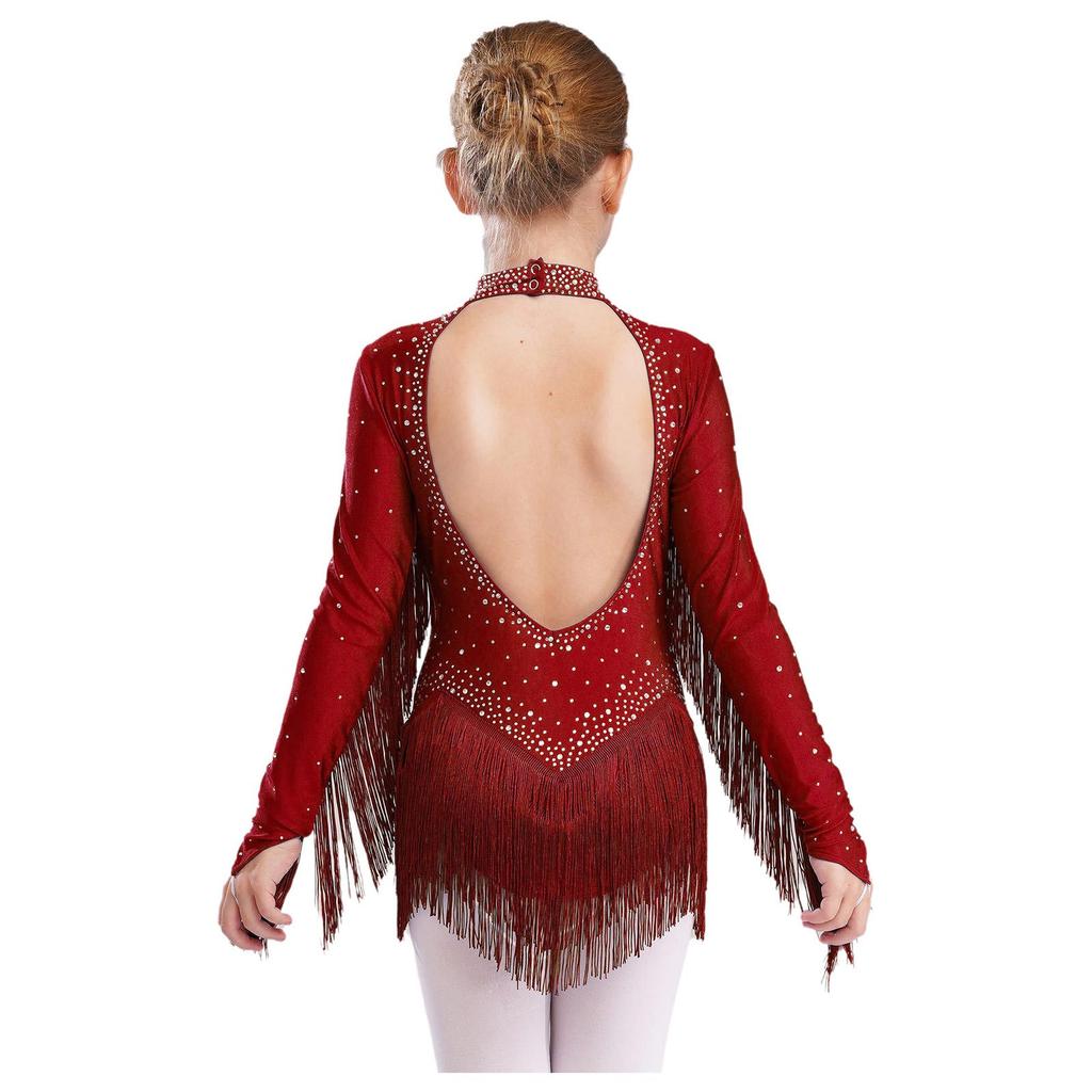 Girls Tassels Latin Dance Leotard Mock Neck Long Sleeve Cutout Back Sparkling Rhinestones Fringe Bodysuit