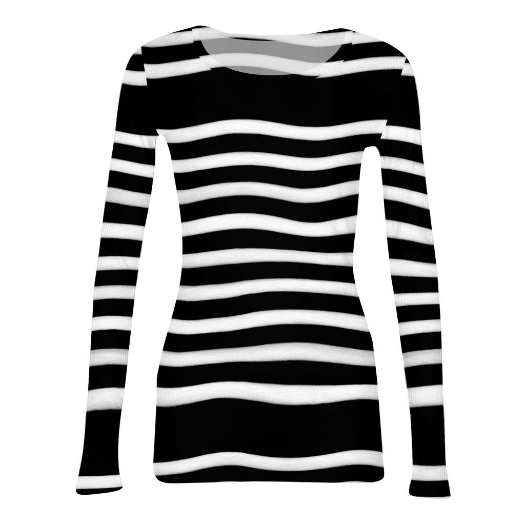 Women's Casual Fashion Round Neck Striped Print Long Sleeve Ribbed Top