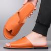 Herren Schwarz Leder Hausschuhe Handgemacht Einfache Flache Schuhe Sommer Orange Römische Sandalen Offene Zehen Strand Schuhe Übergröße
