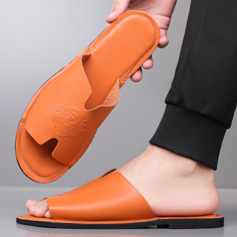 Herren Schwarz Leder Hausschuhe Handgemacht Einfache Flache Schuhe Sommer Orange Römische Sandalen Offene Zehen Strand Schuhe Übergröße