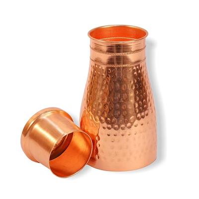 Wasserflasche aus gehämmertem Kupfer – 1 l | Mit eingebautem Glas im Deckel | Antikes gehämmertes Design