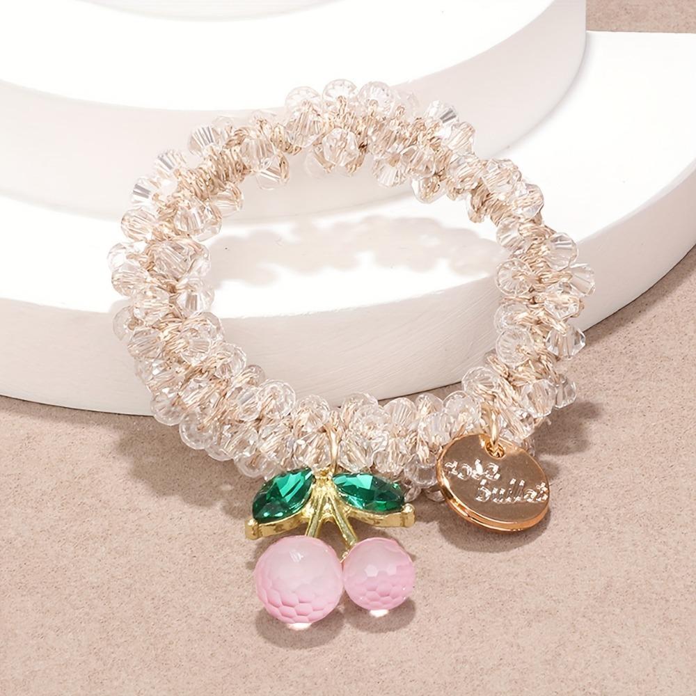 1pc Colorful Crystal Cherry Hair Rope Sweet Rhinestone Hair Ring High Elastic Headband Bracelet Dual Use Tendon Headwear