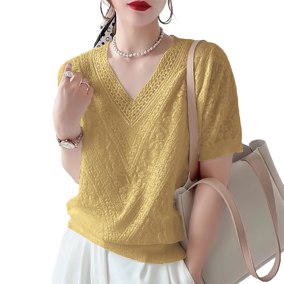 

Летний вязаный короткий ажурный офисный, подходит для женщин размера L [UQQA] Женский свитер с V-образным вырезом, рукав, вязаный, дышащий, пуловер, прохладный, желтый,