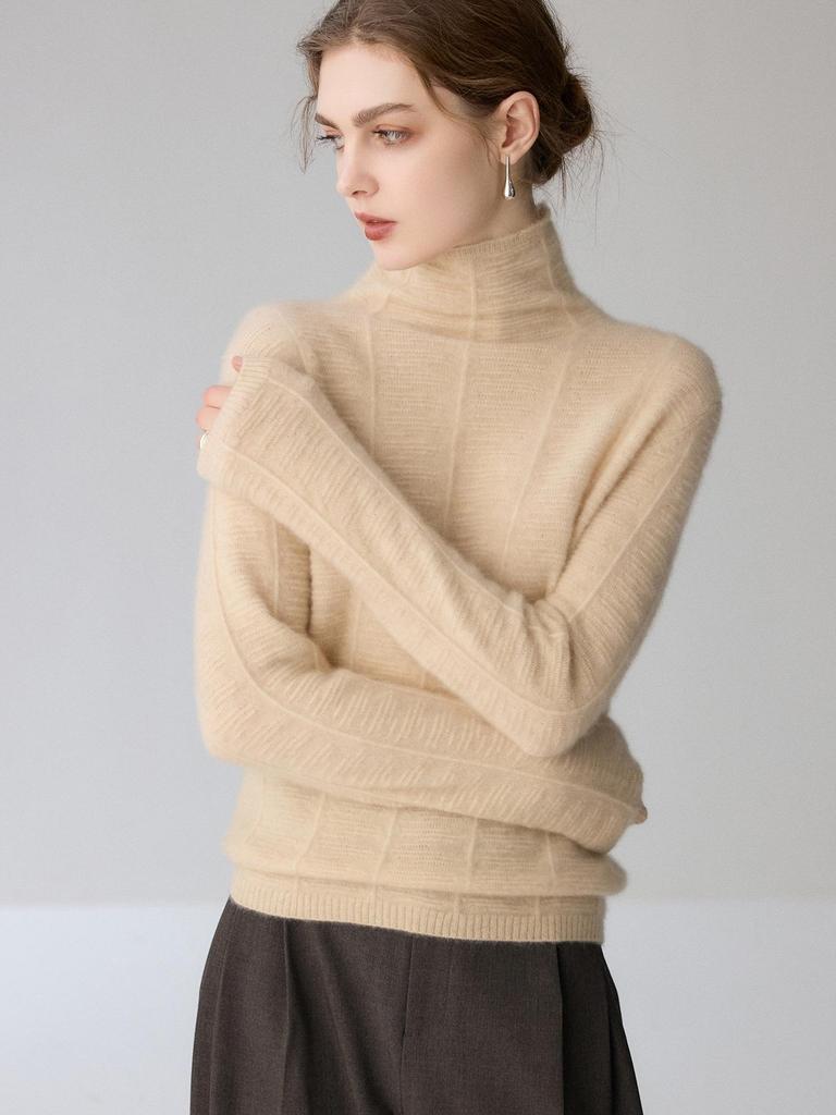Women's High Neck Loose-Fit Cashmere Sweater - Soft, Slimming, Solid Color, Fluffy Knit Pullover Base Layer.