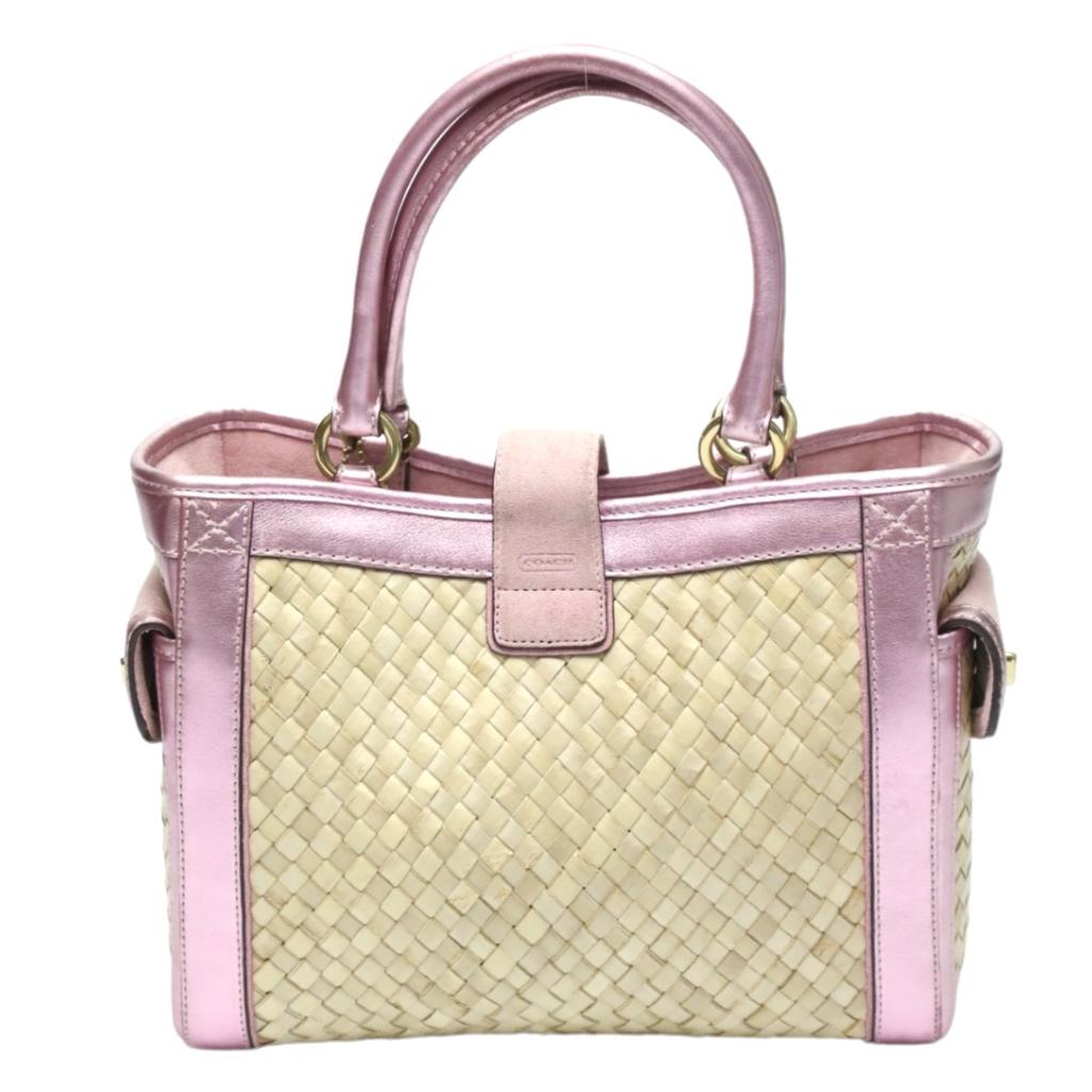 COACH basket straw Handbag leather Pink x Beige Women 4419 Used