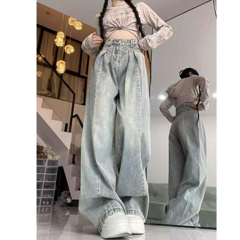 High-Waisted Retro Light Wash Wide-Leg Jeans with Semi-Elastic Waist