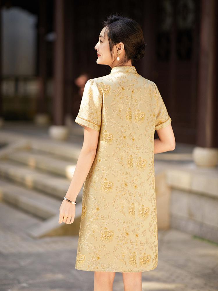 Elegant Golden Qipao-Style Dress: Silk Brocade with Gold Thread