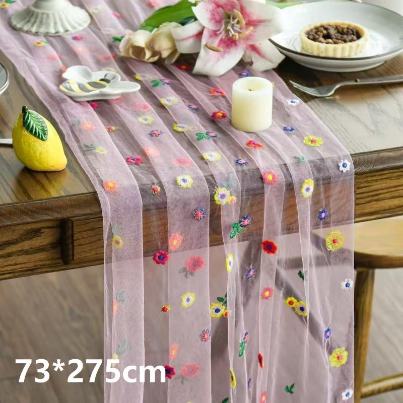 Embroidery Daisy Table Runner Floral Embroidered Lace Tulle Runner Colorful Flower Table Cover For Bridal Shower Birthday Party