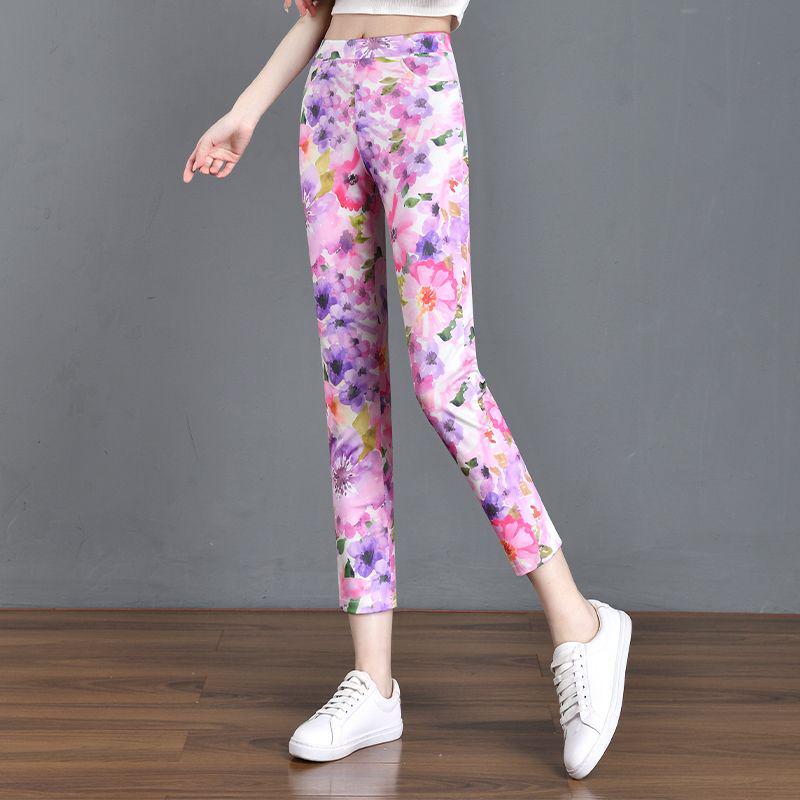 2024 Summer Floral Print Stretchy Plaid Skinny Pants for Women with Elastic Waist