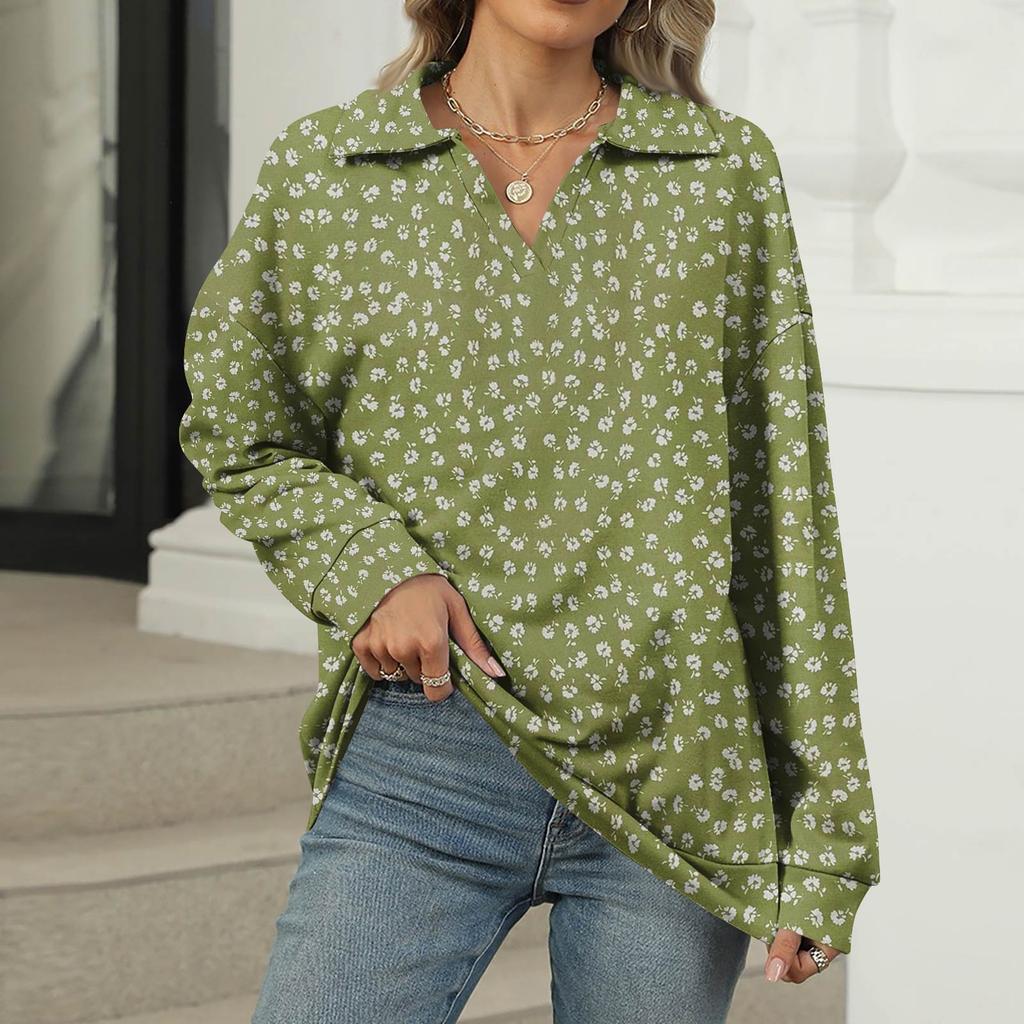 Women's Summer Fashion Casual  Printed V-Neck Long Sleeve Shirt Top