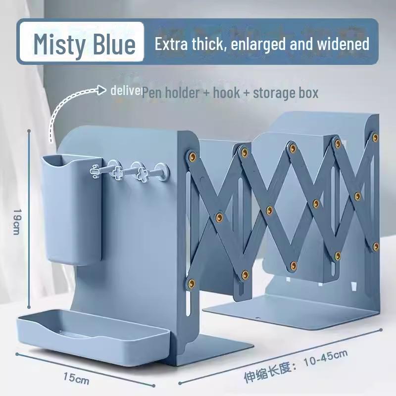 Kovový zasouvací stojan na knihy s držákem na tužky - Stolní úložné řešení