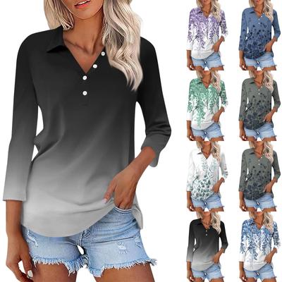 Women's Fashion Casual Button 3/4 Sleeve Floral Print Lapel  Shirt Top