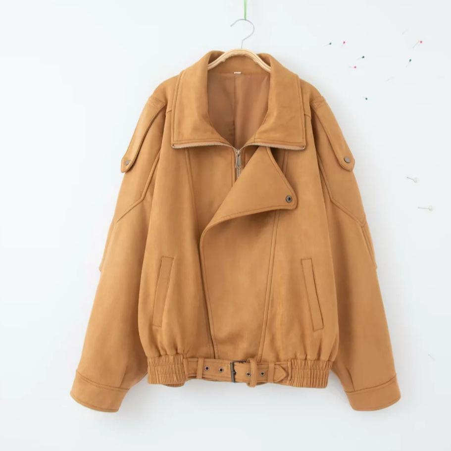 Asymmetrische Bikerjacke für Damen mit Reißverschluss in braunem Wildleder-Look