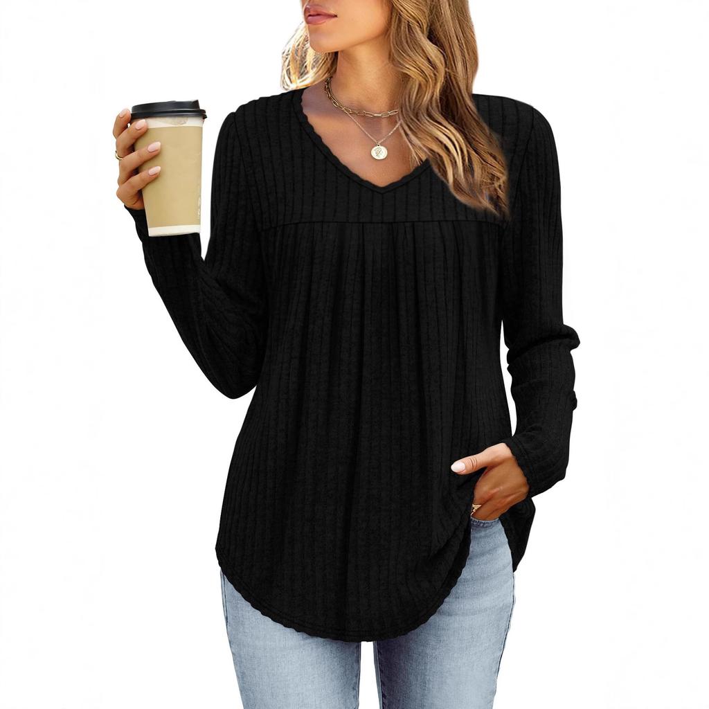 Women's V Neck Ribbed Knit Long Sleeve Tunic Top Pleated Front Curved Hem Casual Fall Blouse