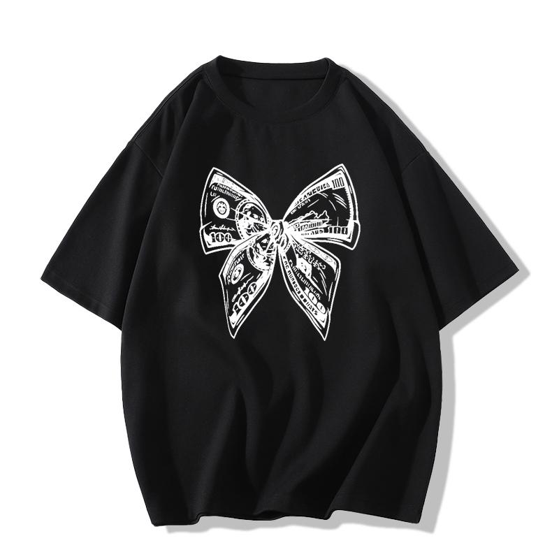 European Style Chic Bow Print Short Sleeve Slimming T-shirt for Women - Summer Trendy Spicy Girl Look, 200g, Petite Fit