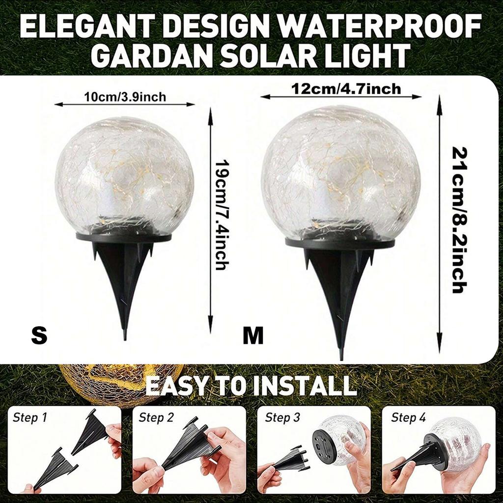 1pc Garden Solar Lights Cracked Glass Ball Waterproof Warm White LED For Outdoor Decor Decorations Pathway Patio Yard Lawn