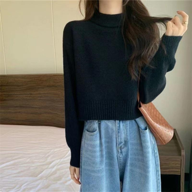 Autumn and winter new simple and versatile solid color semi-turtleneck pullover women's short fashion bottoming knitted sweater tide