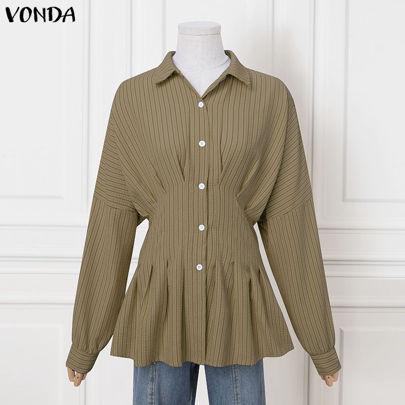 VONDA Womens Casual Lapel Neck Long Sleeve Ruffled Striped Print Loose Rumple Blouse Shirts