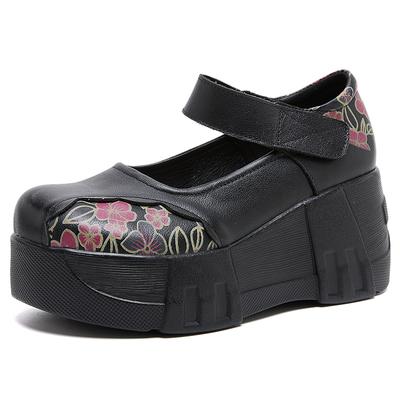 GKTINOO Scarpe con Zeppa e Suola Spessa 2025 Nuovi Arrivi Primavera Vera Pelle Velcro Versatili Retro Scarpe con Plateau da Donna