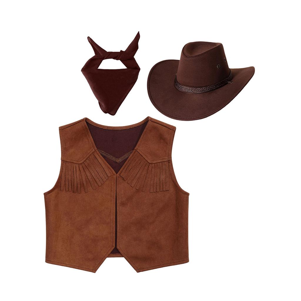 Kids Cowboy Costume Set Printed Fringe Vest Paisley Bandanna Matching Cowboy Hat Carnival Dress Up